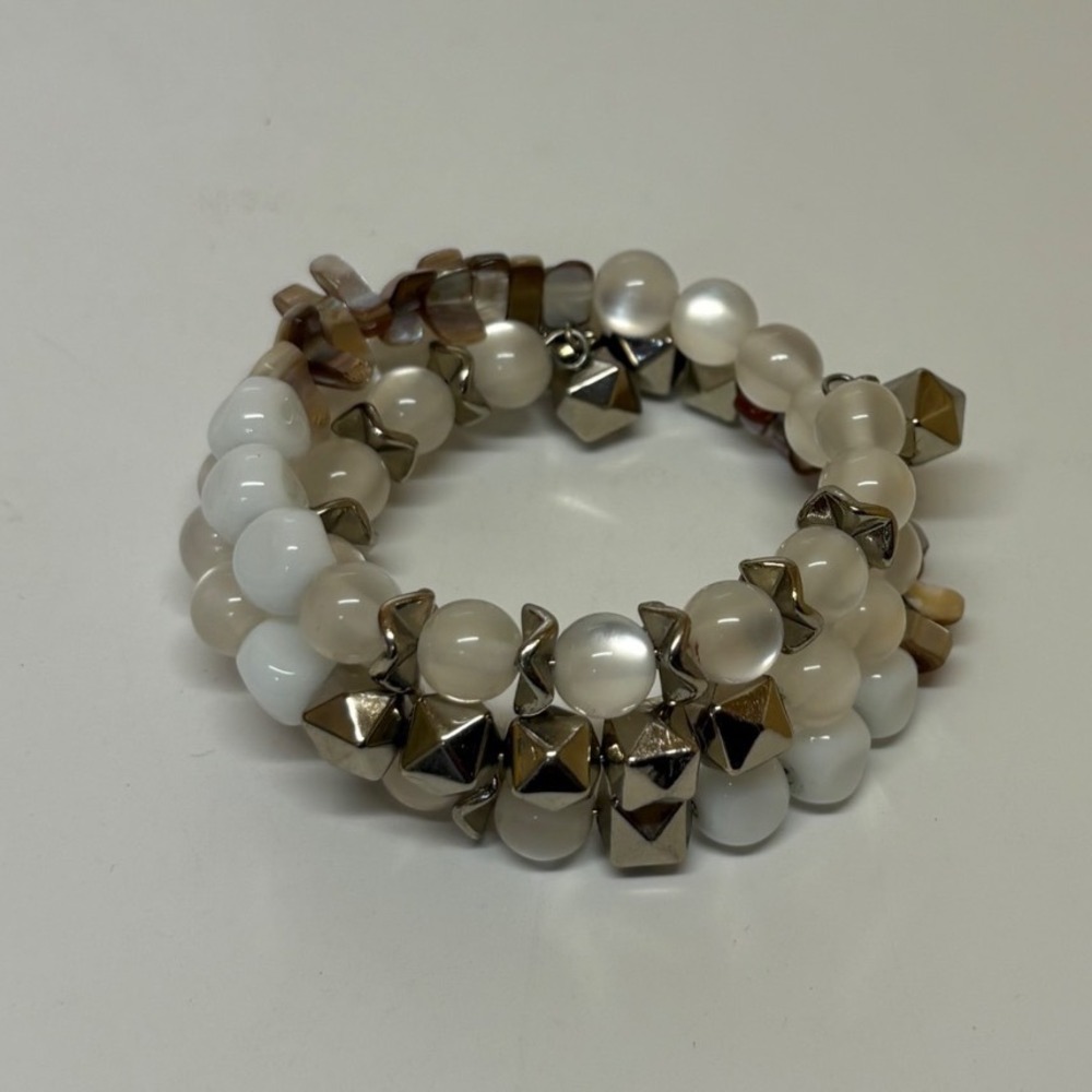 White Cats Eye Glass Shell Chip and Silver Pyramid Stud Wrap Bracelet Boho